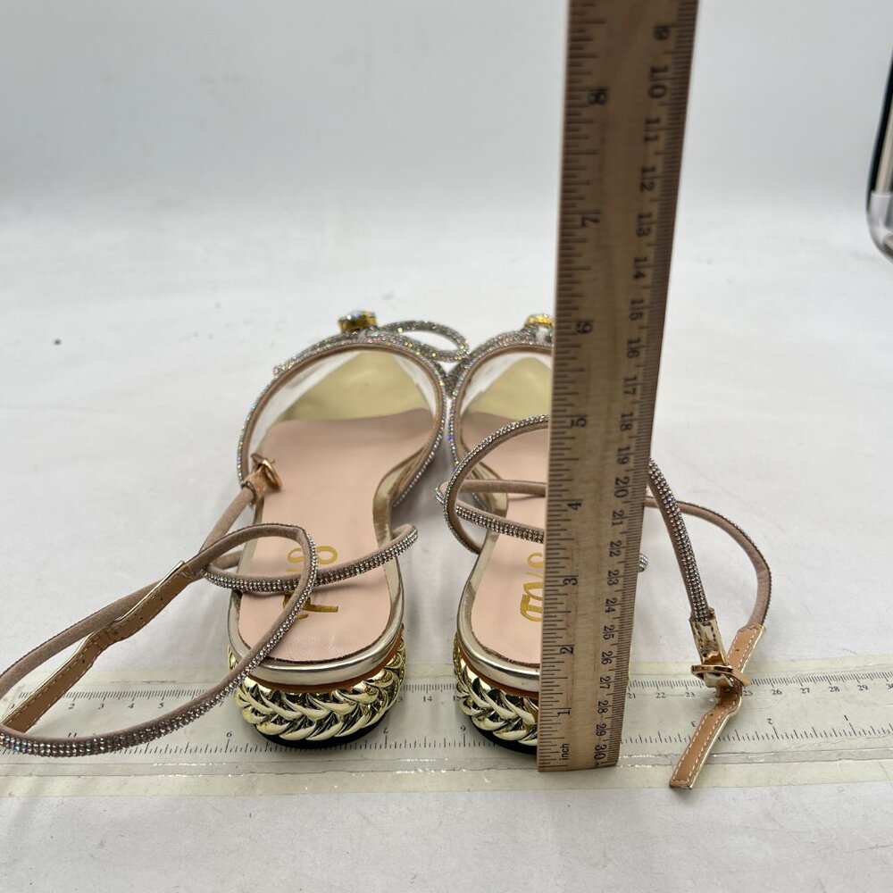 FYS Gold Pointed Toe Slingback Clear Block Low Heels Sparkly Rhinestone Sandals - Picture 5 of 8